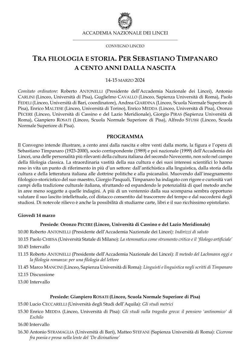 Tra filologia e storia. Per Sebastiano Timpanaro. A cento anni dalla nascita.