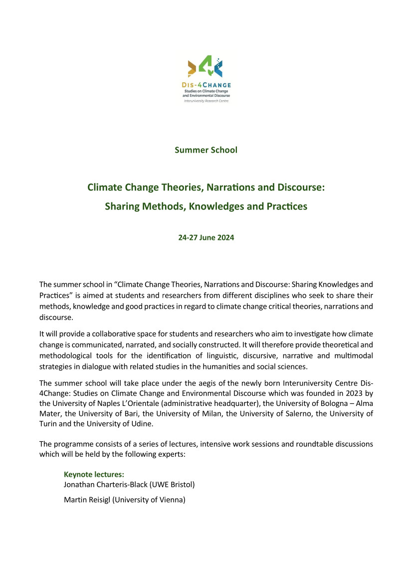 Climate Change Theories, Narrations and Discourse:  Sharing Methods, Knowledges and Practices
