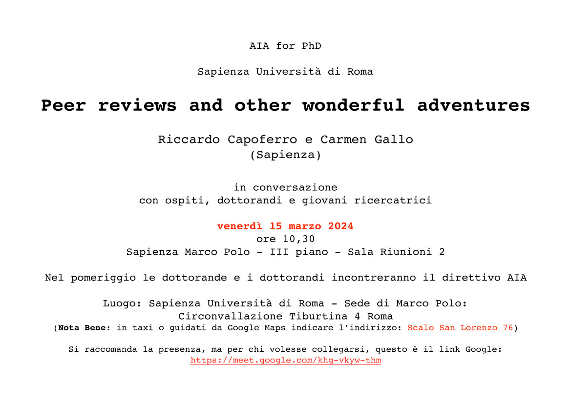AIA for PhD Sapienza Università di Roma Peer reviews and other wonderful adventures