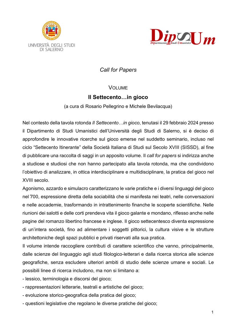 Call for Papers VOLUME Il Settecento…in gioco