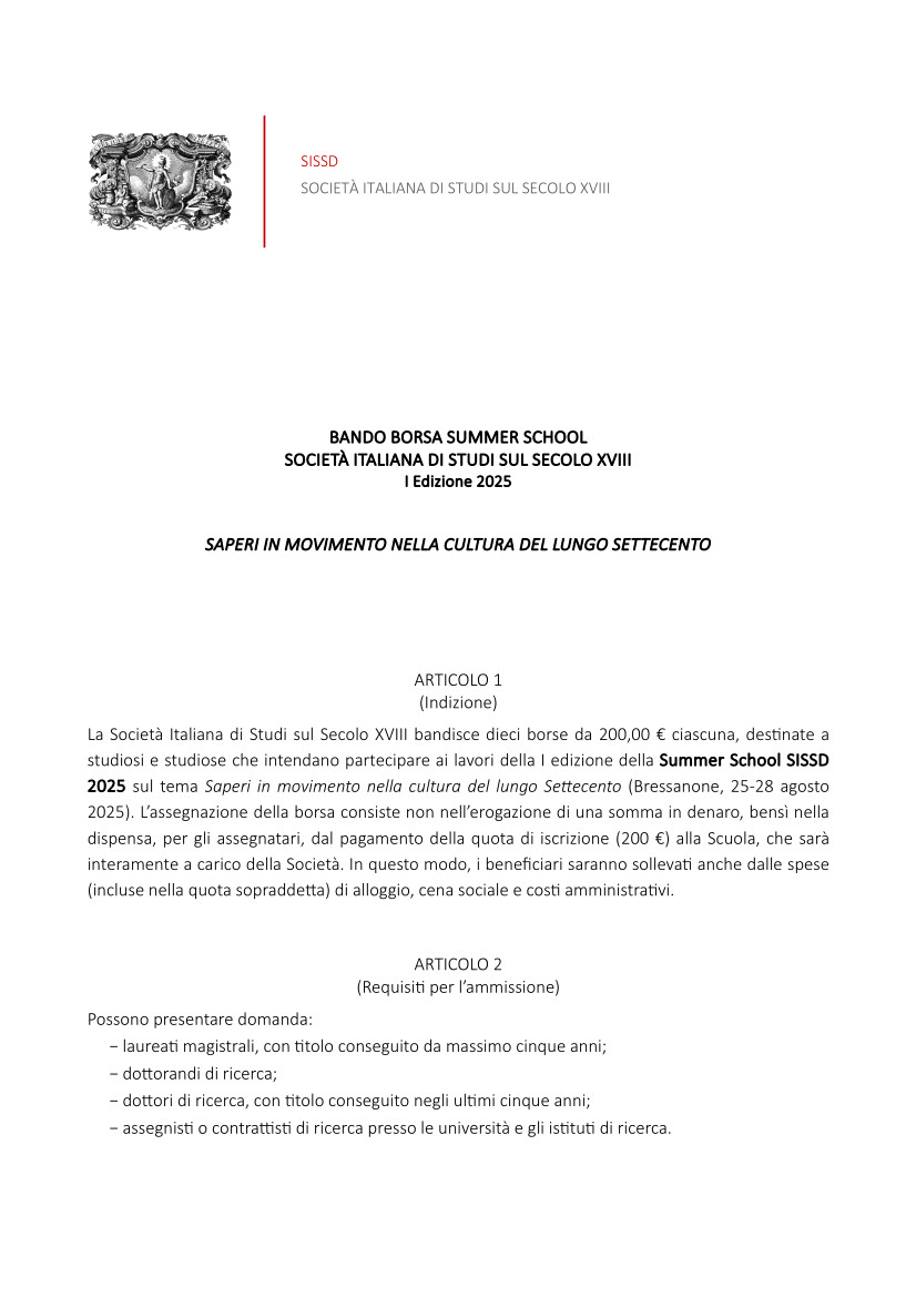 Summer School SISSD (Bressanone 25-28/08/2025) "Saperi in movimento nella cultura del lungo Settecento"