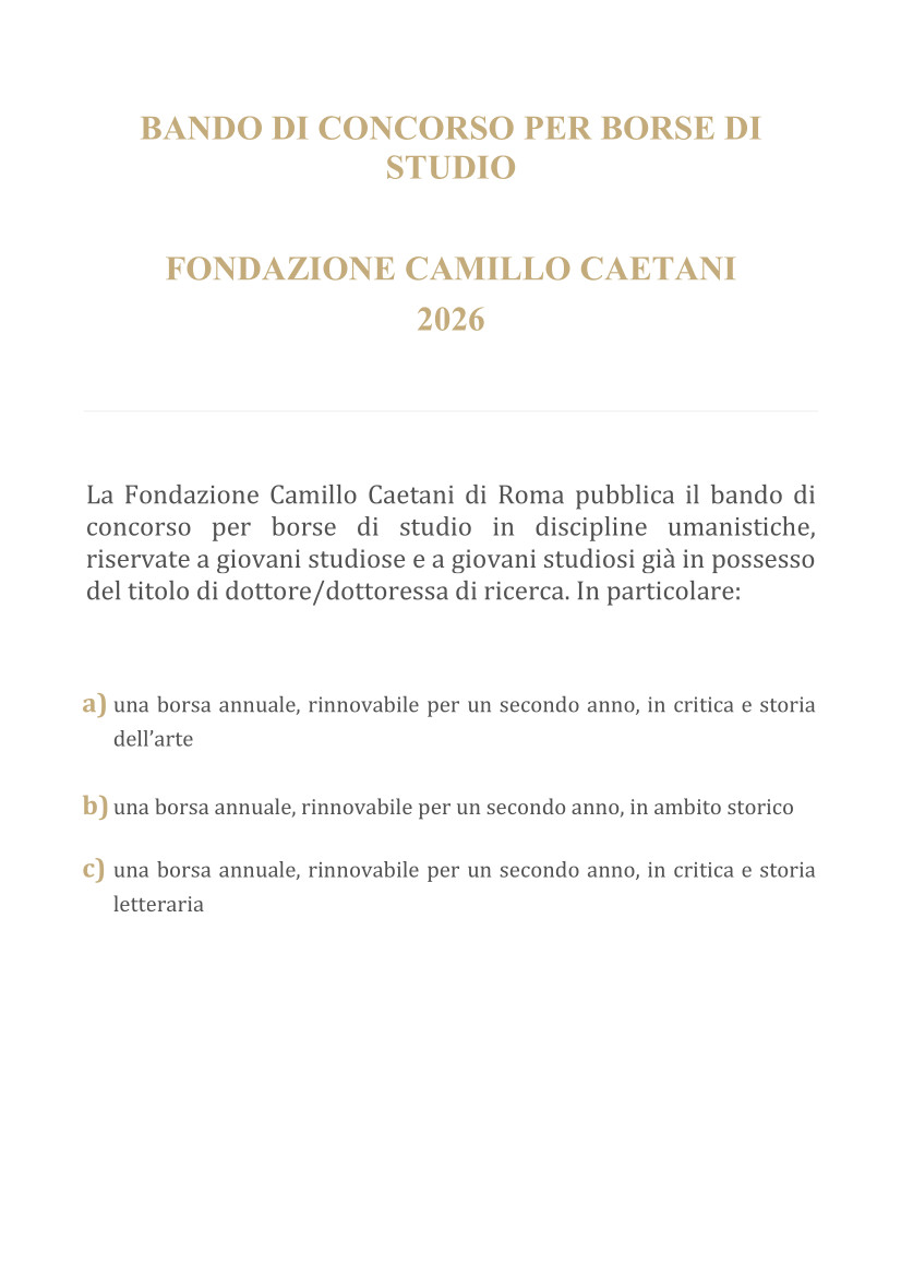 Bando assegni di ricerca in Storia, Storia dell'arte e Letteratura  - Fondazione Camillo Caetani