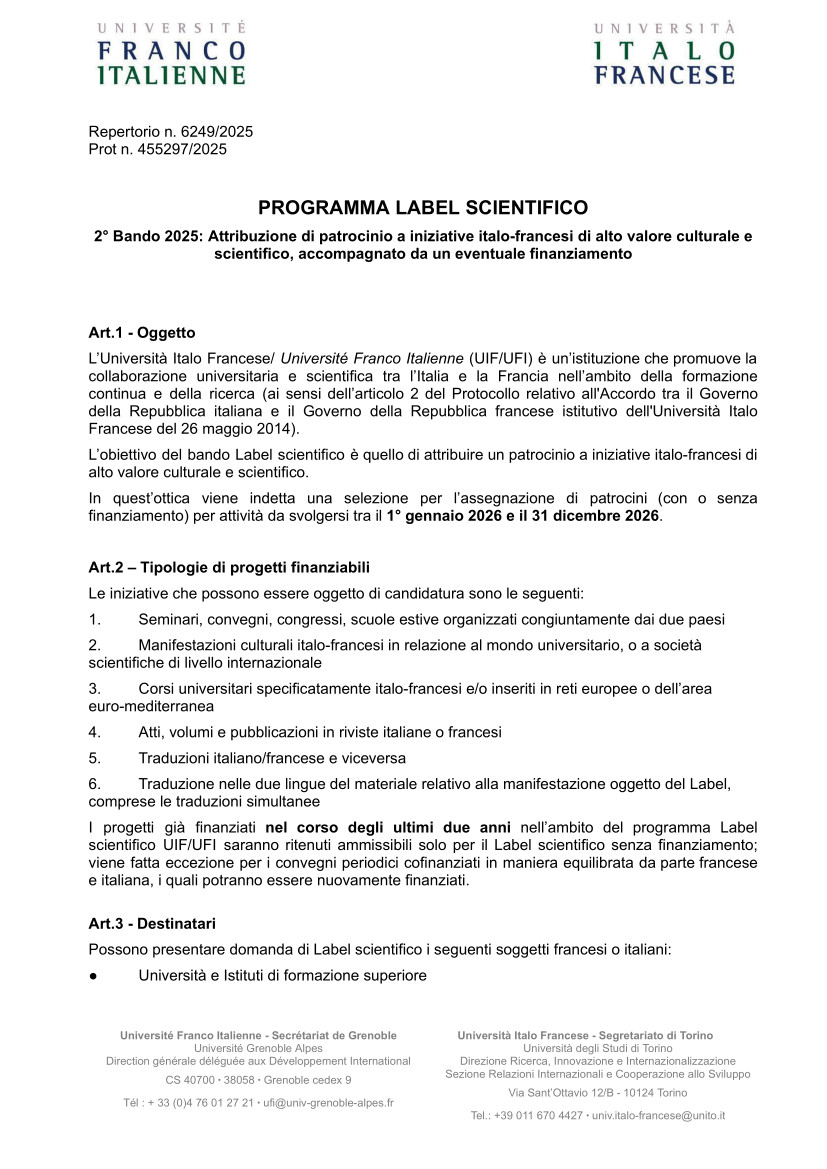 2° bando Label scientifico UIF/UFI 2025