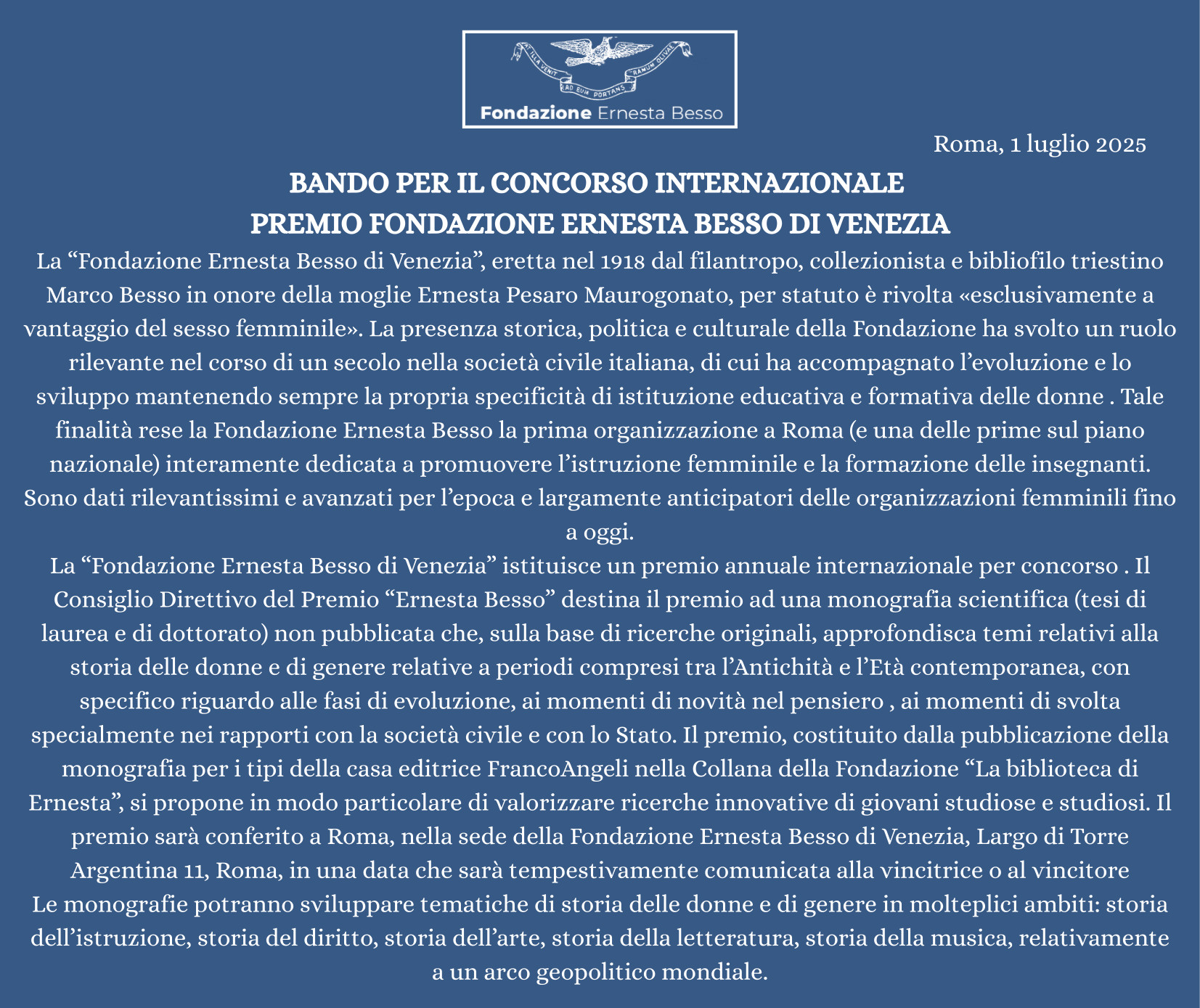 BANDO PREMIO FONDAZIONE ERNESTA BESSO