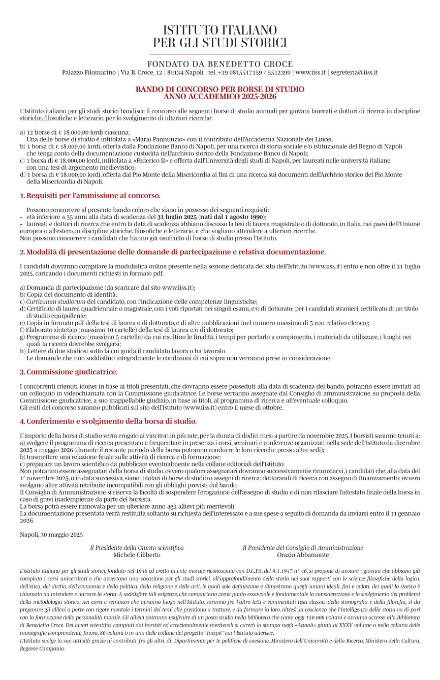 Reminder: borse di studio 2025-2026 Istituto italiano per gli studi storici