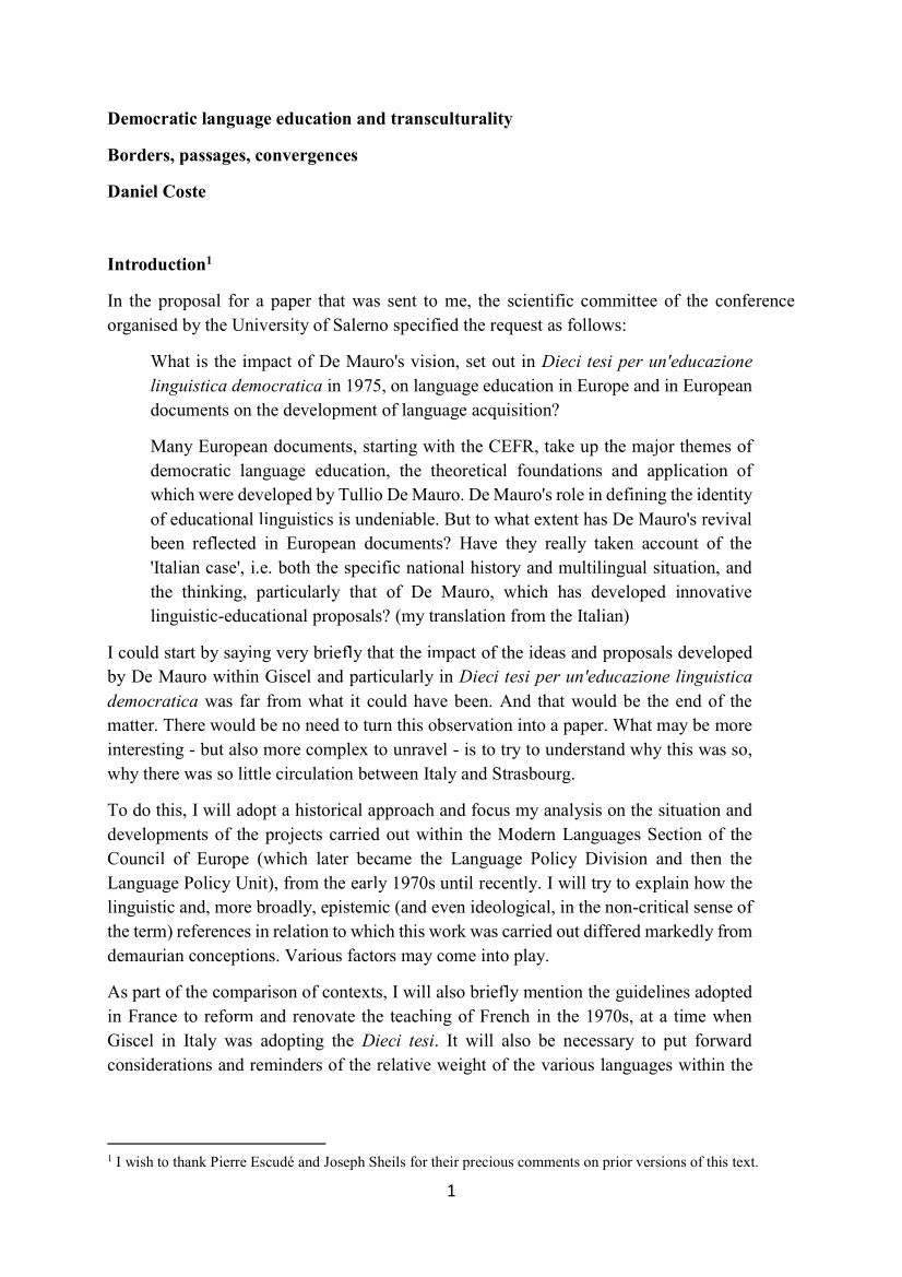 Democratic language education and transculturality. Borders, passages, convergences - Daniel Coste