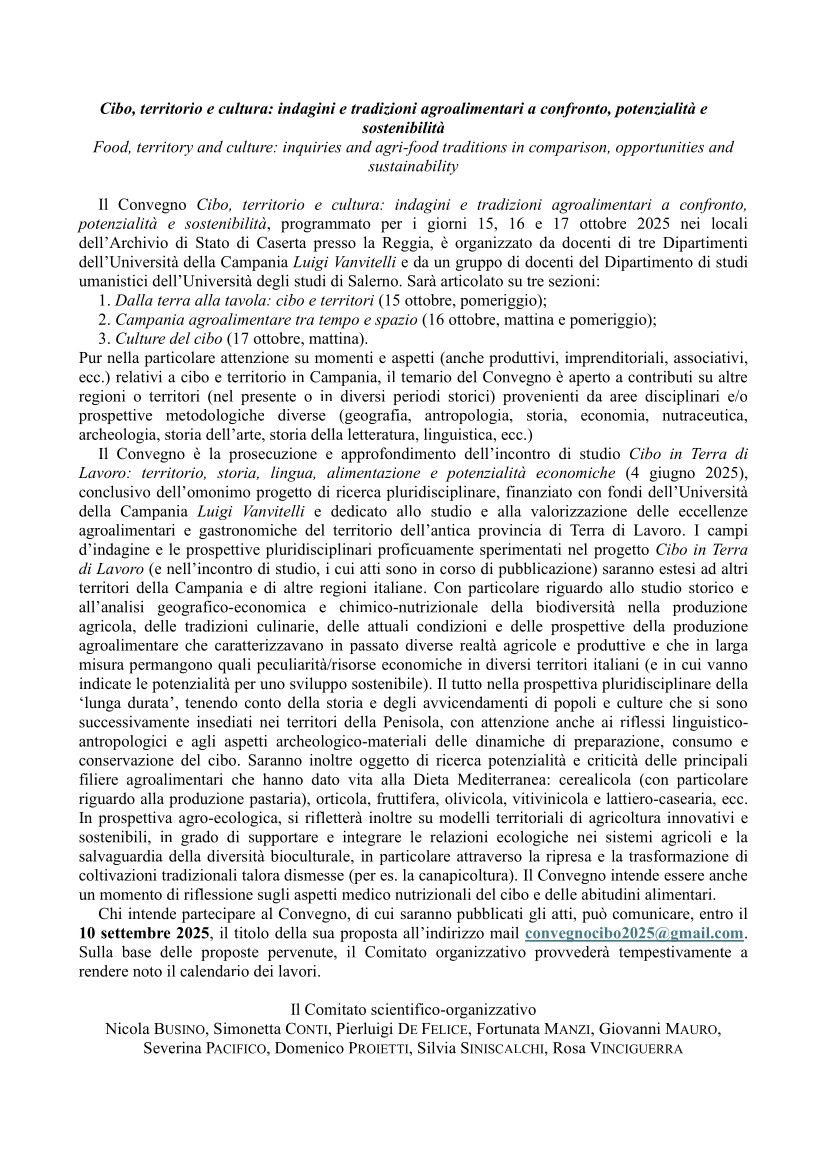 Cibo, territorio e cultura: indagini e tradizioni agroalimentari a confronto, potenzialità e sostenibilità