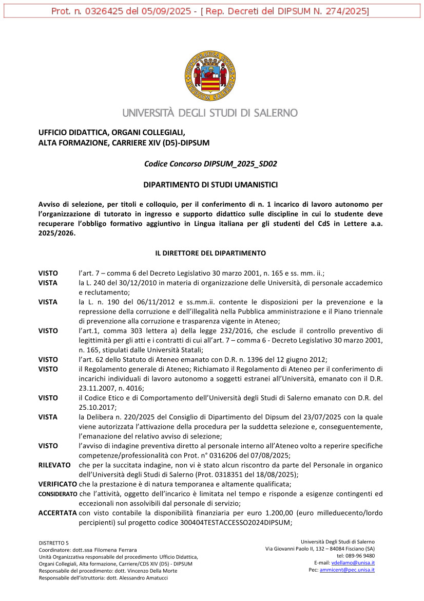 Contratto per gli OFA (area di Lettere)