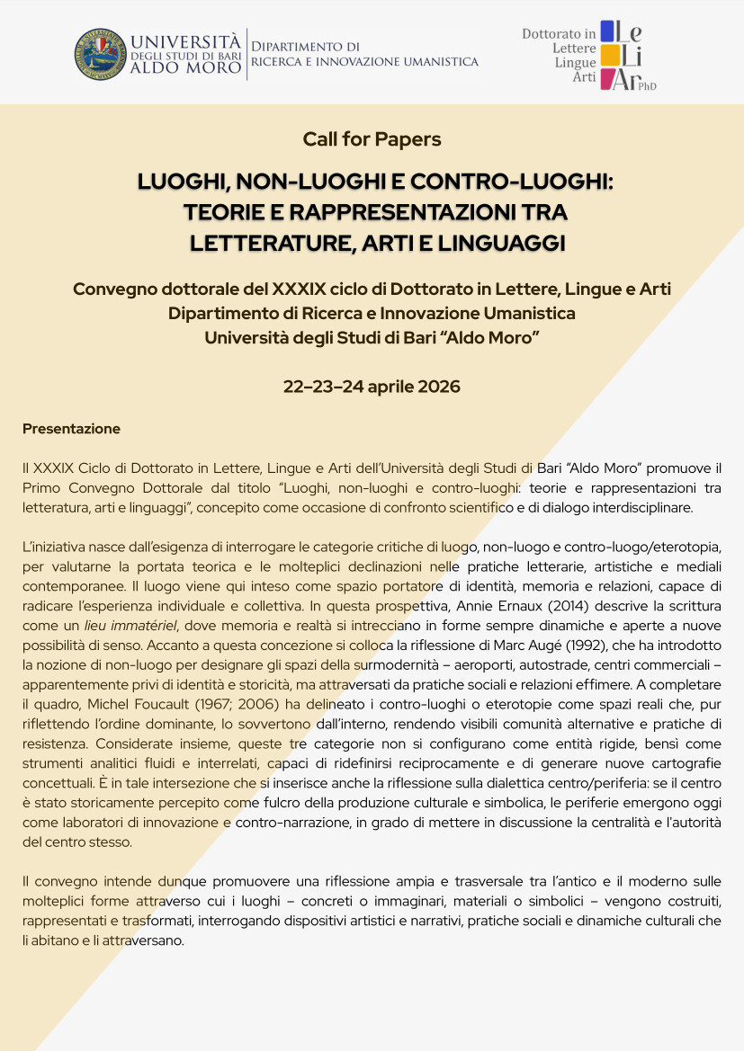 Luoghi, non-luoghi e contro-luoghi: teorie e rappresentazioni tra letterature, arti e linguaggi