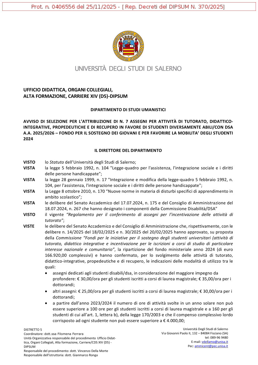 Bando tutorato studenti disabili/con DSA