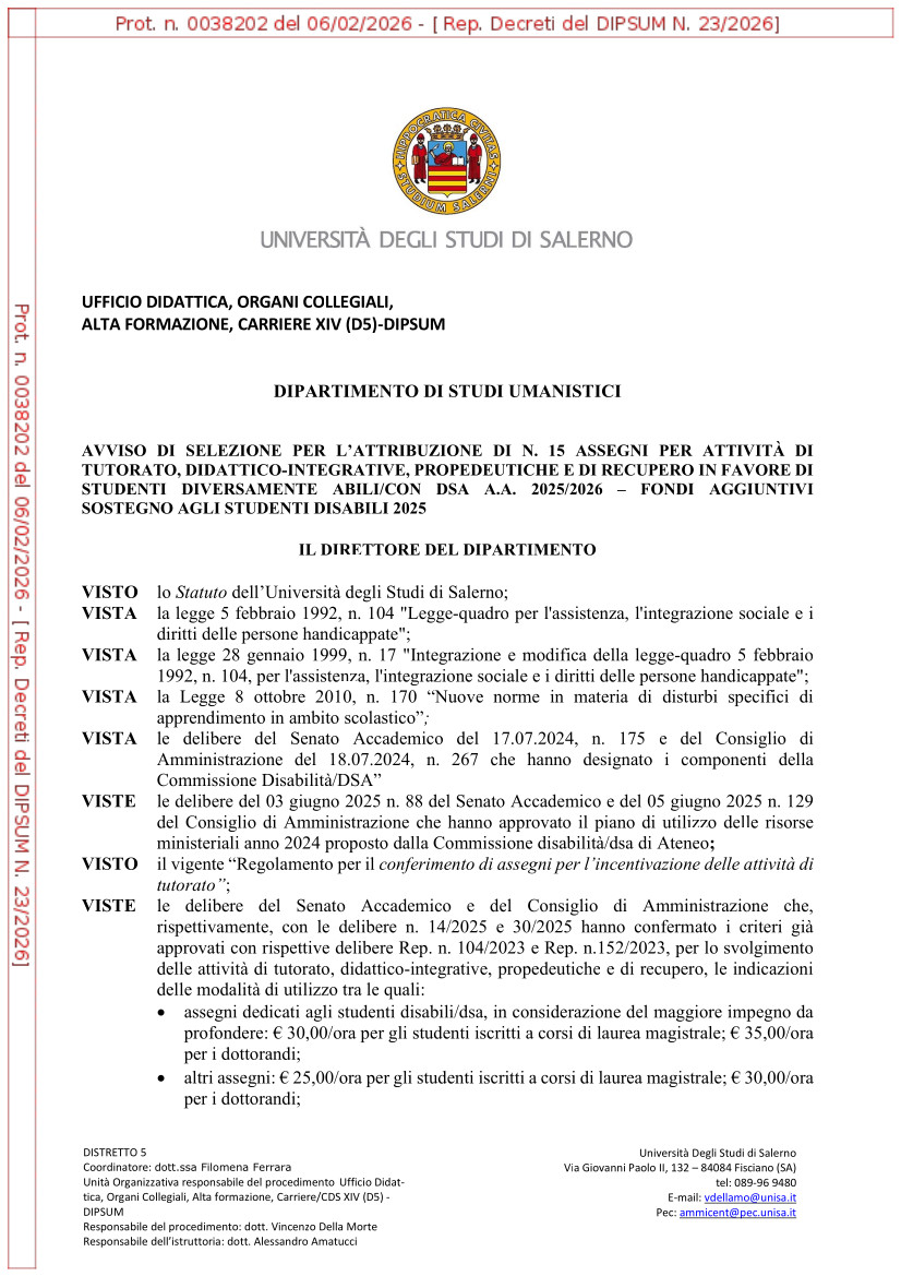 bando per assegni di tutorato rivolti a studenti disabili/con DSA