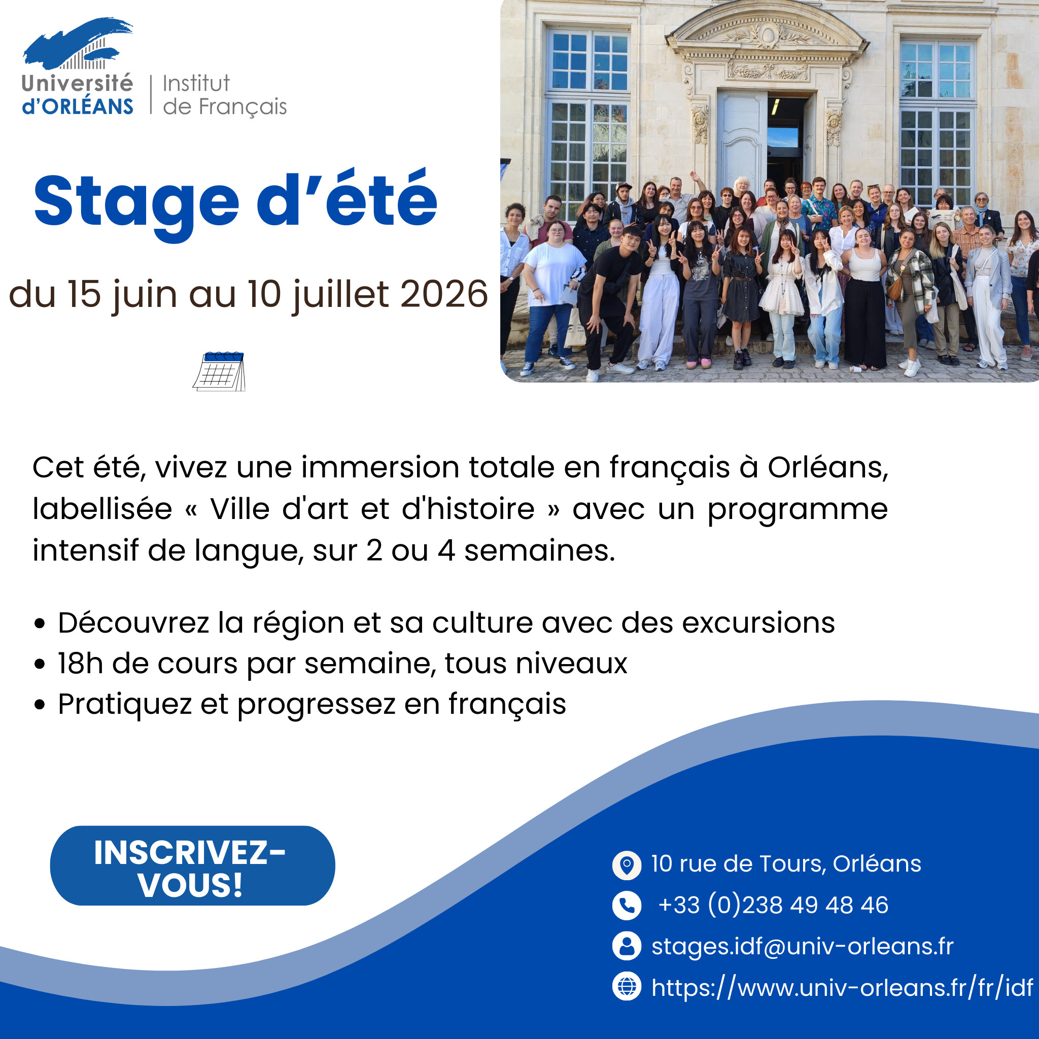 Stage linguistique été 2026 - Institut de Français Université d'Orléans