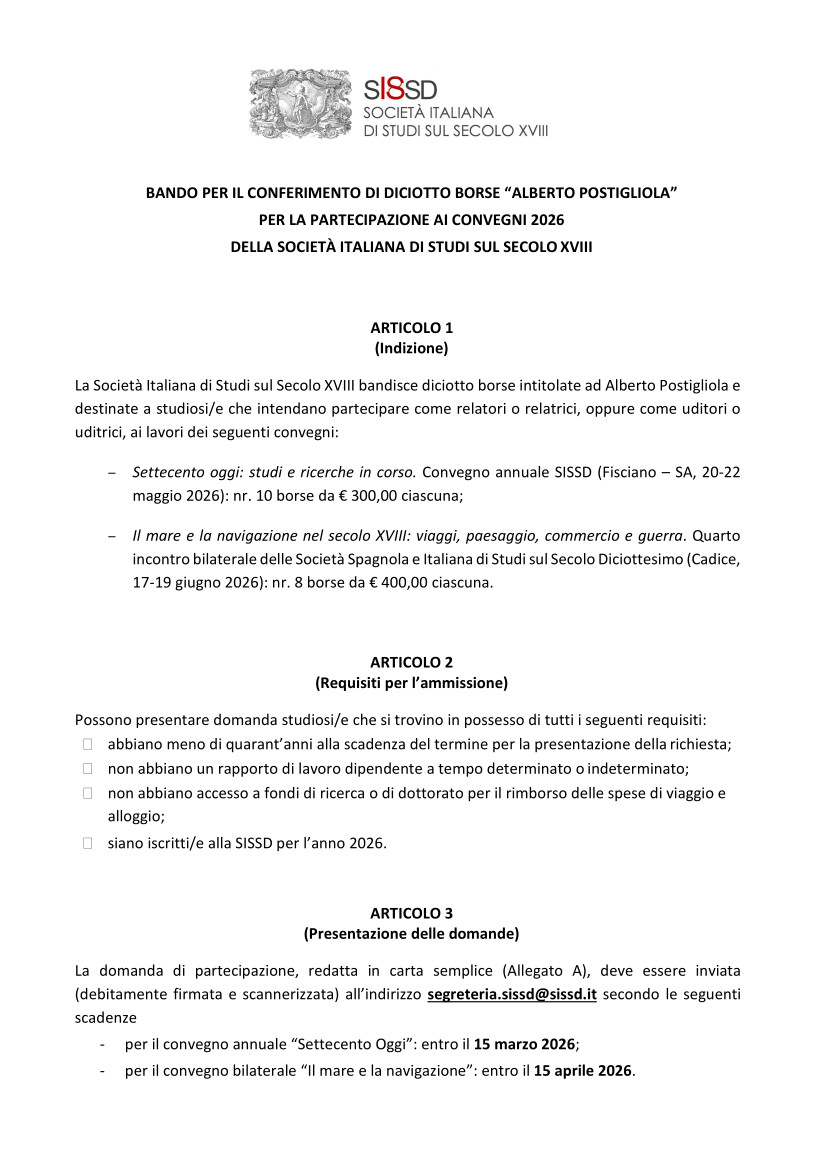 Borse di studio "Alberto Postigliola" - Call di aprile
