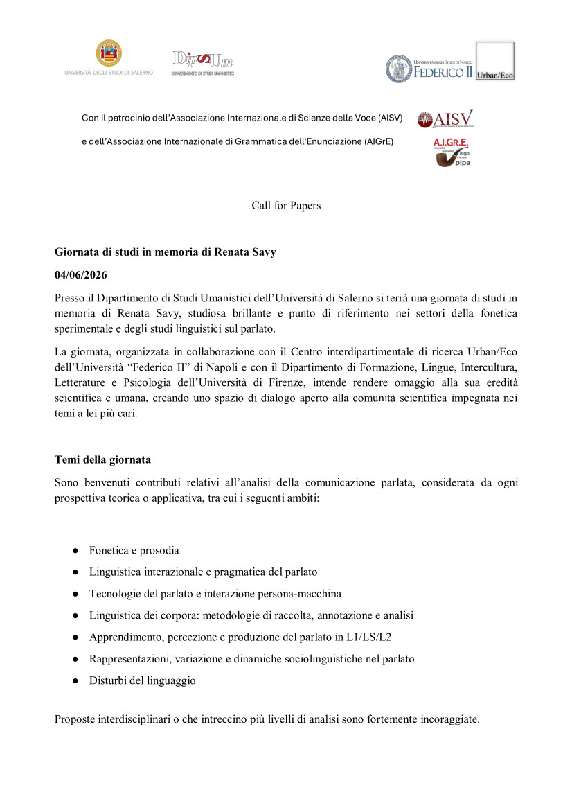 Giornata di studi in memoria di Renata Savy – 4 giugno 2026