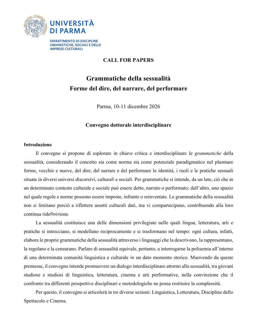 Grammatiche della sessualità Forme del dire, del narrare, del performare