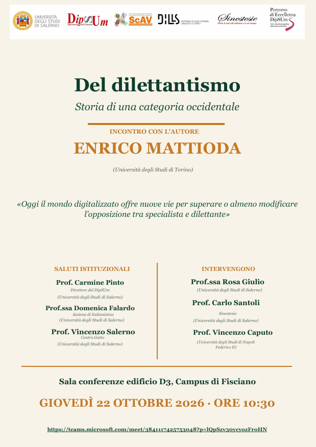"Del dilettantismo. Storia di una categoria occidentale" : incontro con l'autore Enrico Mattioda