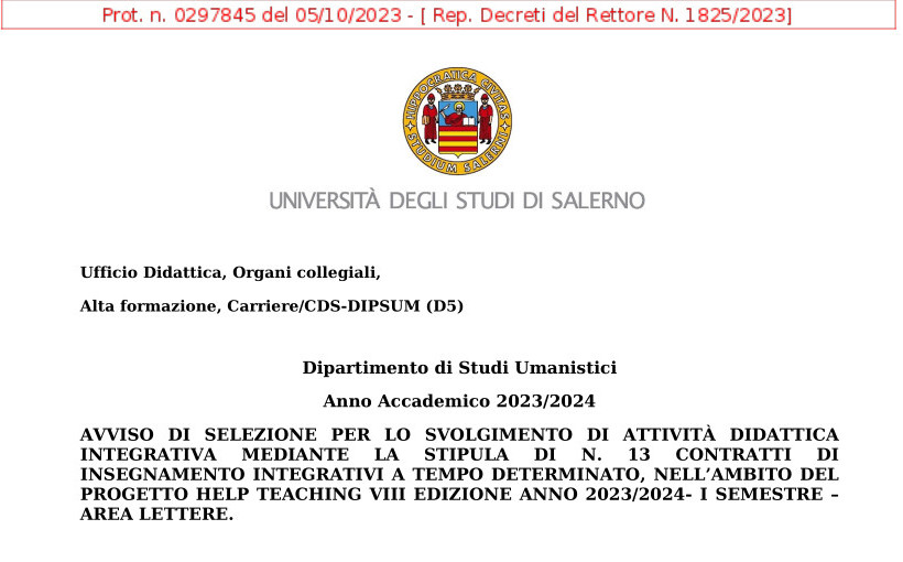 Bando per contratti di didattica integrativa (progetto Helpteaching) I semestre a.a. 2023/2024 per LETTERE