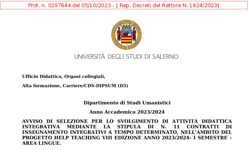 Bando per contratti di didattica integrativa (progetto helpteaching) I semestre a.a. 2023/2024 per LINGUE