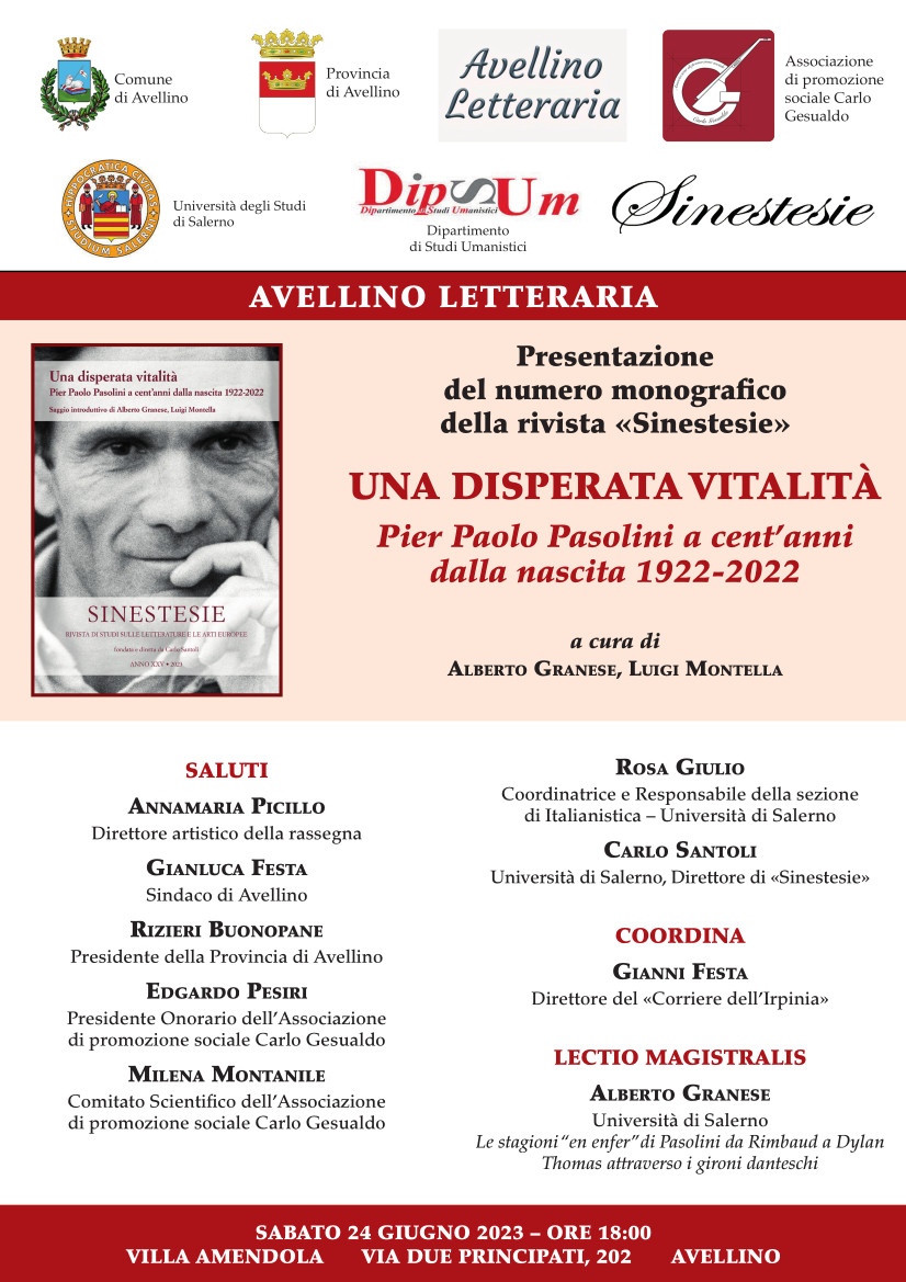 Lectio magistralis del prof. Alberto Granese: Le stagioni“en enfer”di Pasolini da Rimbaud a Dylan Thomas attraverso i gironi danteschi